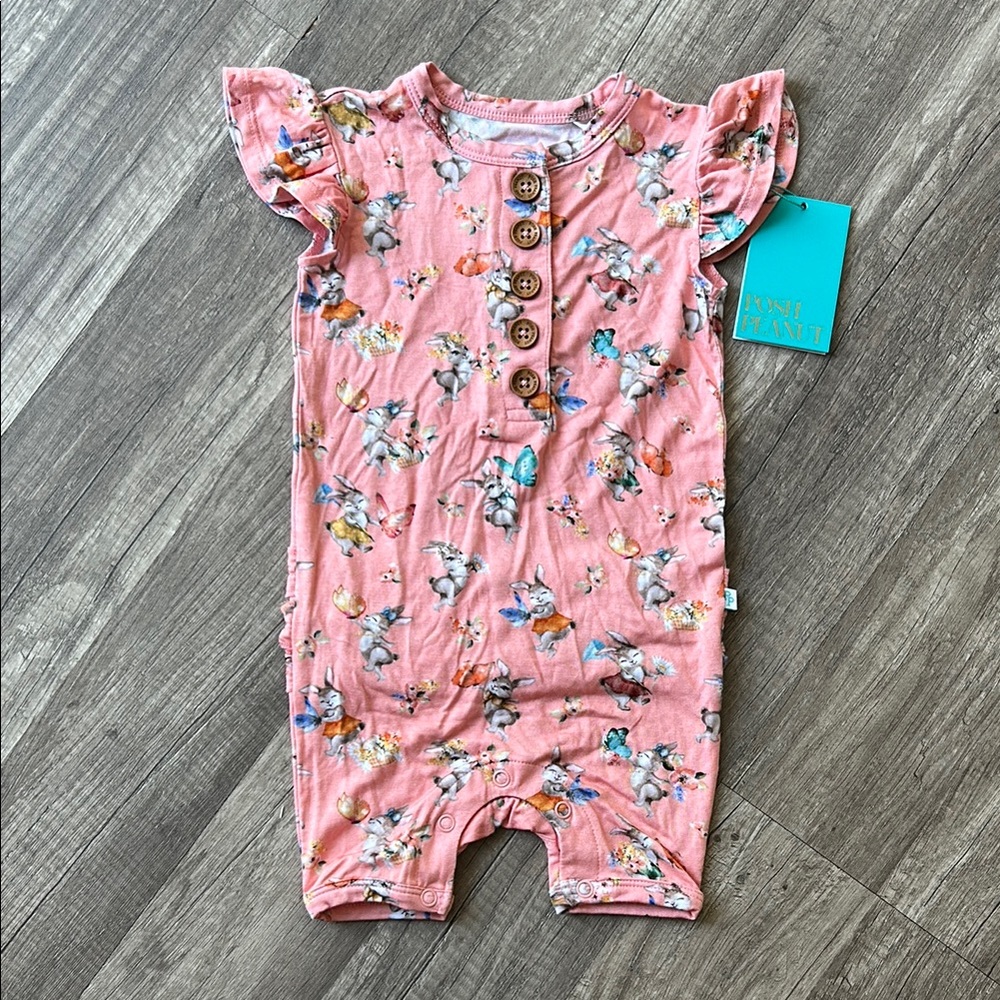 NEW Posh Peanut Pink Bunnies Baby Romper with Ruffles 6-9 Months